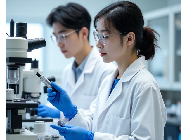 최첨단 장비를 사용하여 샘플을 분석하는 두 명의 연구개발팀 화학자